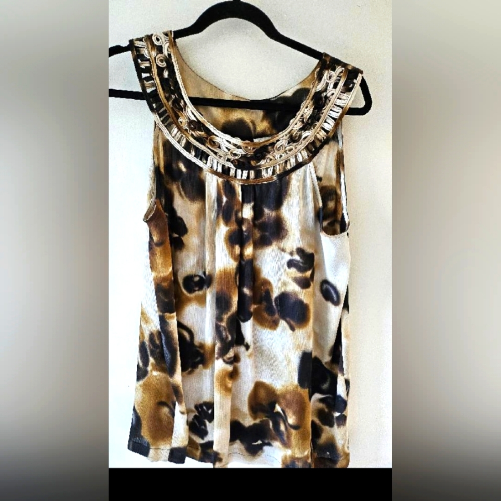 Rafaella cream, brown & black sleeveless blouse, size XL